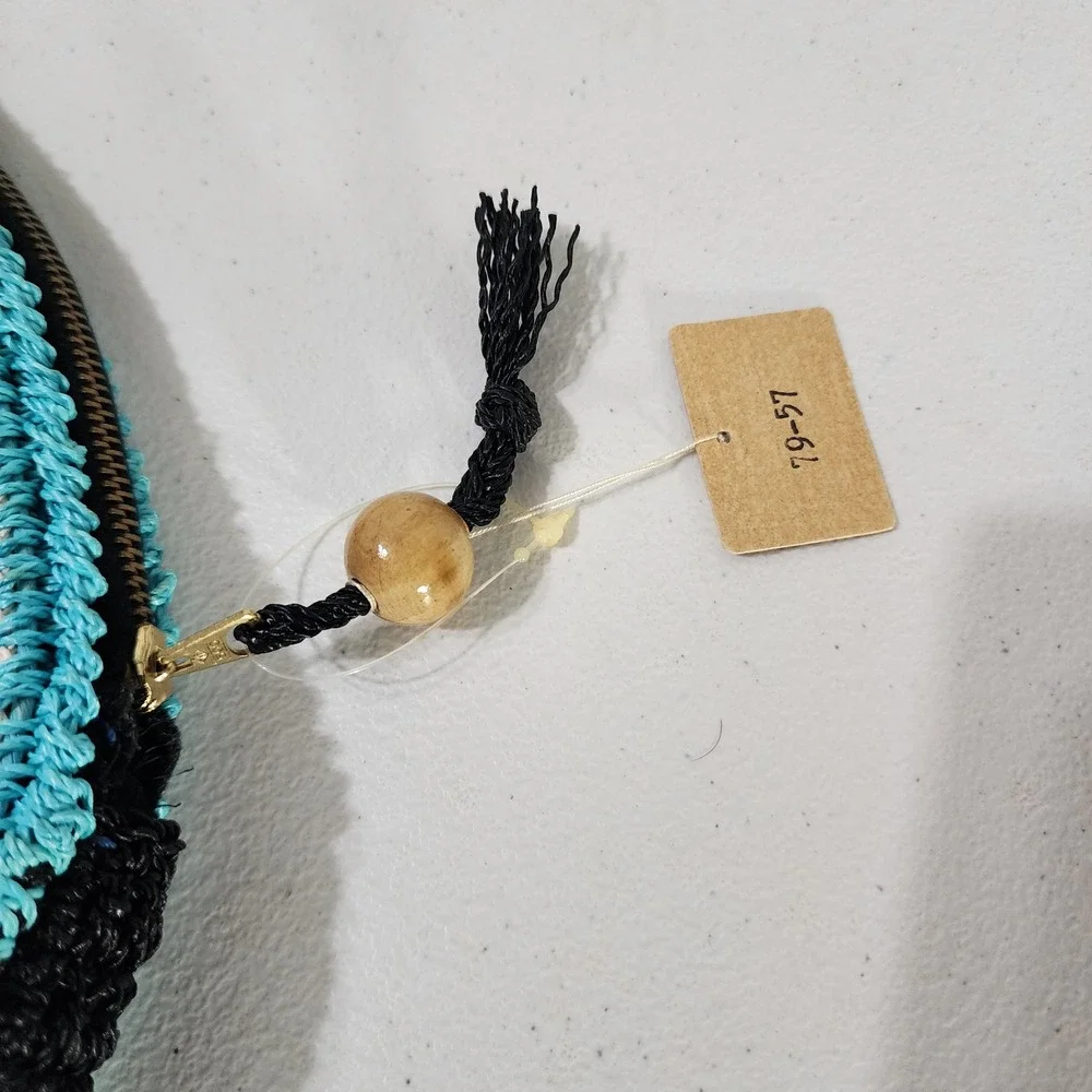 Vintage Woven Straw Raffia Half Moon Clutch Bag Made in Japan Black Blue Cream